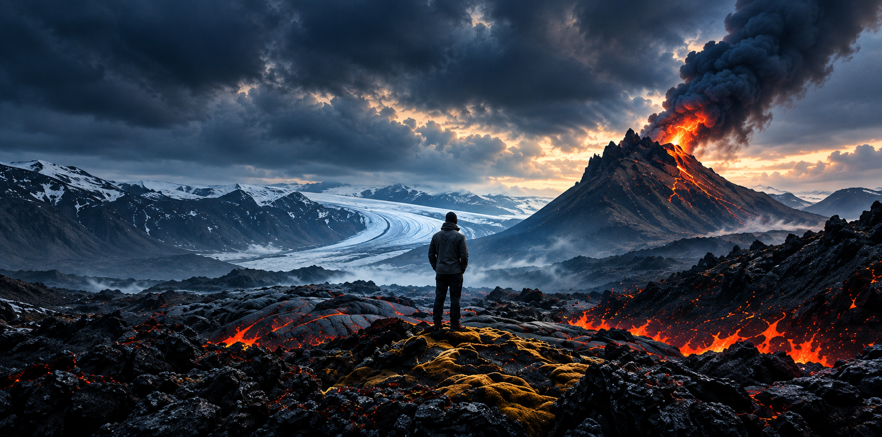 A lone explorer between glacial ice fields and a glowing volcanic landscape.